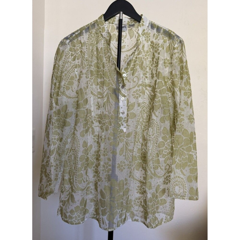 Chico's Women’s L Sheer Lightweight Floral Chiffon Button-Up Blouse Chartreuse